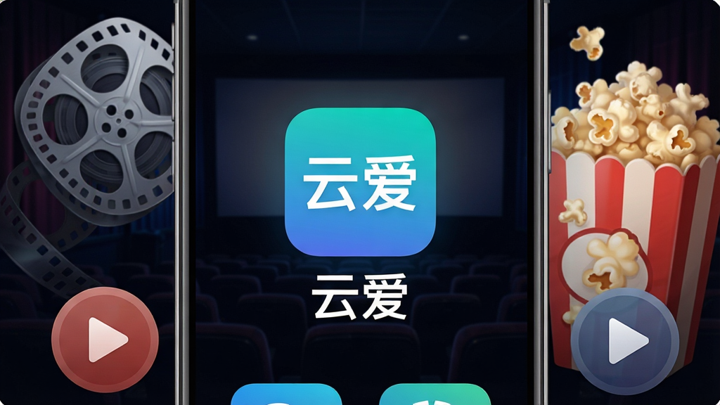 一张手机屏幕展示影视应用界面的图片,屏幕中央放置“云爱”应用图标,图标下方显示“云爱”文字,背景是深色影院风格,周围环绕电影胶片、爆米花、播放按钮等元素,布局简洁居中,风格现代科技感,细节清晰,画质高清,干净无多余元素
