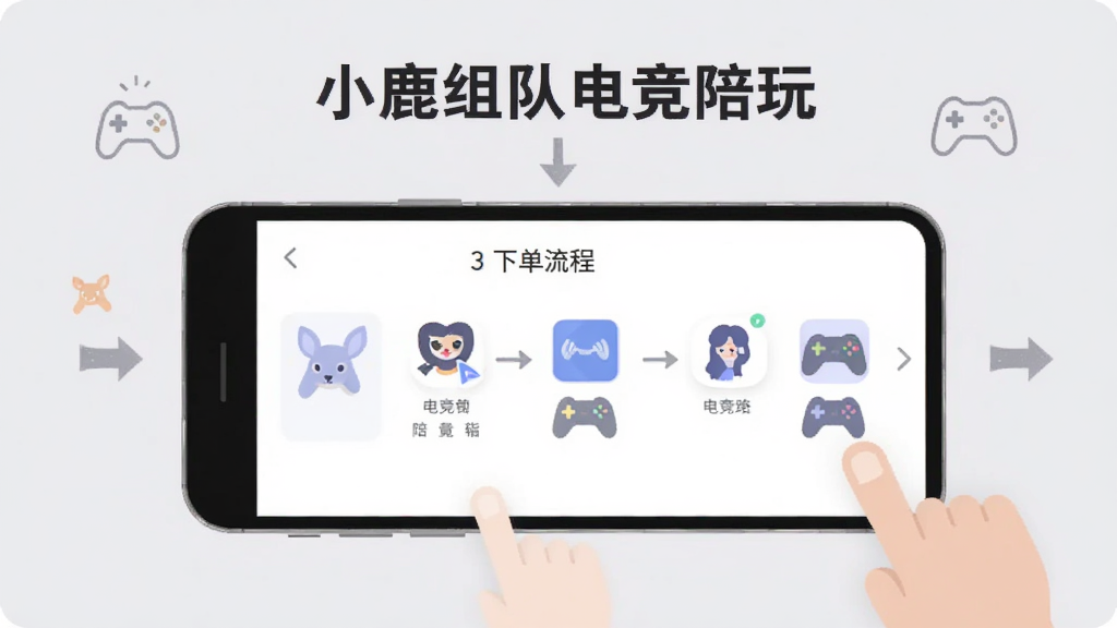 一幅展示“小鹿组队电竞陪玩”新手操作指引的插画,画面中一部手机屏幕显示应用主界面和下单流程步骤,旁边有手指点击屏幕的动作示意,背景为浅灰色,搭配简洁的图标和箭头指示,风格为扁平化信息图,画质干净,无多余元素