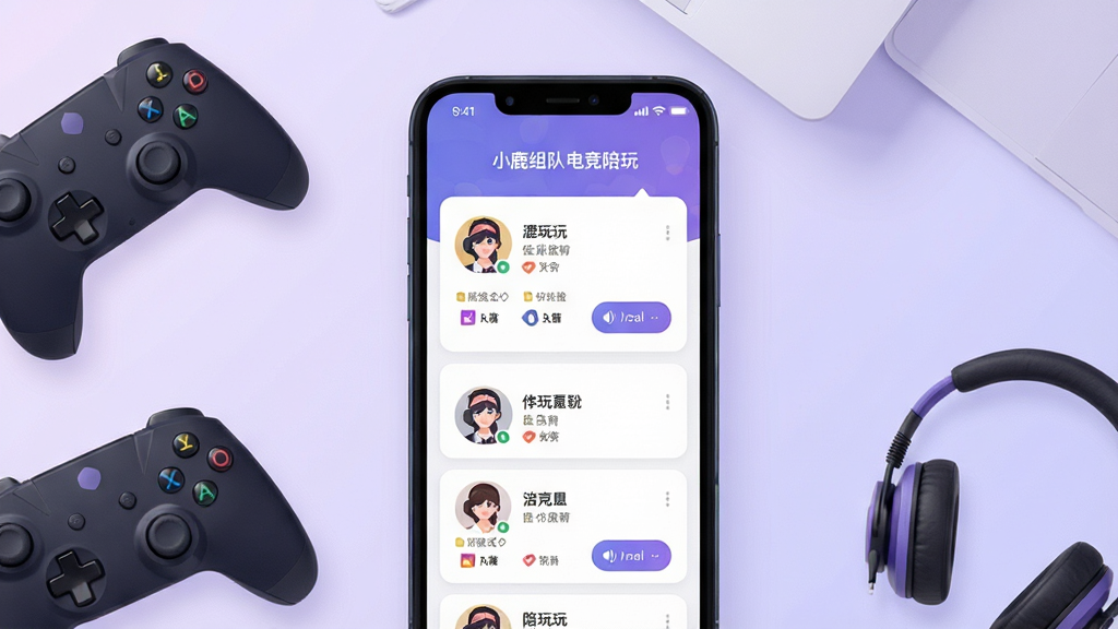 一张展示“小鹿组队电竞陪玩”应用匹配界面的宣传图,画面中手机屏幕显示多位陪玩玩家的资料卡片,卡片上有头像、昵称、游戏段位和语音按钮,手机旁边散落着游戏手柄和耳机,背景为柔和的浅紫色渐变,采用现代扁平设计风格,画面整洁,文字清晰,画质干净,无多余元素