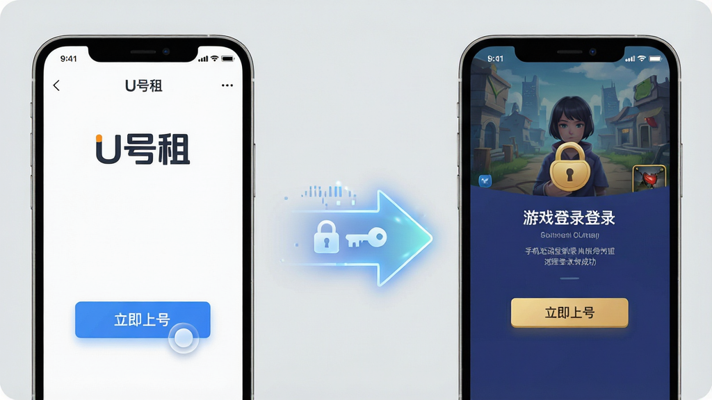 一幅表现手机自动登录游戏过程的示意图,画面左侧是“U号租”应用界面点击“立即上号”按钮,右侧是游戏登录成功界面,中间用一道发光箭头连接,箭头内部有数据锁与钥匙图标,背景为浅灰色,风格简约商务,布局左右对称,细节上按钮有按压反馈效果,画质清晰,干净,无多余元素