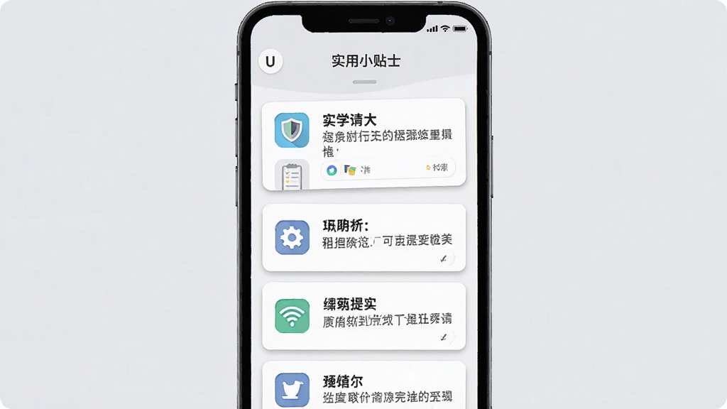 一幅手机屏幕显示U号租应用内“实用小贴士”页面的插画,页面以卡片形式列出多条提示,卡片带有图标如盾牌、齿轮、WiFi信号等,背景为浅灰色,风格为扁平化UI设计,布局为纵向列表,细节上卡片有轻微阴影,画质清晰,干净,无多余元素