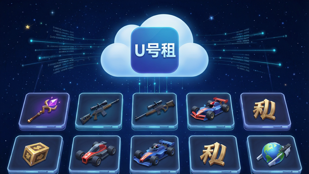 一幅以游戏账号仓库为主题的插画,画面中心是“U号租”应用图标悬浮在云端,下方排列着整齐的账号卡片矩阵,每张卡片上印有不同游戏的标志性元素,如魔法权杖、狙击枪、赛车等,背景是深蓝色星空,有数据流线条穿梭其间,风格为未来科技感,布局采用网格状排列,细节上卡片边缘有微光,整体画质高清,干净,无多余元素