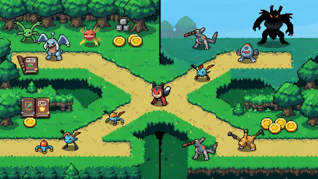PokéSurvivor游戏中的随机地图场景,画面展示多条分岔路径与不同属性的野生宝可梦,地面散落着技能书与金币道具,远处有Boss轮廓,像素风格,色彩丰富,画质干净,无多余元素