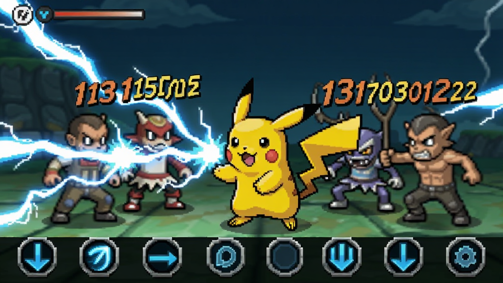 PokéSurvivor战斗界面,皮卡丘释放十万伏特电击多个敌人,屏幕上有伤害数字飘出,底部技能冷却图标清晰可见,像素风格,动态感强,画质清晰,无多余元素