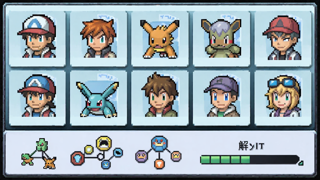 PokéSurvivor角色选择界面,展示多个训练家头像与对应宝可梦,下方有天赋树图标与解锁进度,像素风格界面,布局整齐,色彩柔和,画质干净,无多余元素