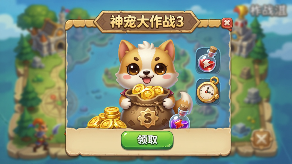 主体是神宠大作战3的离线收益结算界面,一只萌宠抱着金币袋;布局为居中弹窗样式,背景是模糊的冒险地图;排版将“神宠大作战3”写在弹窗标题栏;风格为轻松可爱的游戏UI;细节包含金币堆、经验药水、时钟图标、领取按钮;画质明亮、干净、无多余元素