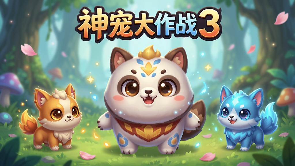 主体是一只圆润可爱的Q版神宠大作战3萌宠角色,站在画面中央,周围环绕着三只不同属性小宠物;布局采用中心对称构图,背景为柔和的奇幻森林场景;排版将游戏名称“神宠大作战3”以艺术字形式放在画面正上方;风格为卡通渲染、色彩明快;细节包含宠物身上的花纹、光效粒子、脚下的草地与飘落的花瓣;画质高清、干净、无多余元素