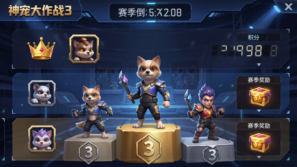 主体是神宠大作战3的竞技场排行榜界面,前三名玩家站在领奖台上;布局为竖向列表,顶部显示赛季倒计时;排版将“神宠大作战3”放在界面左上角;风格为电竞风游戏界面;细节包含皇冠图标、积分数字、玩家头像框、赛季奖励预览;画质清晰、干净、无多余元素