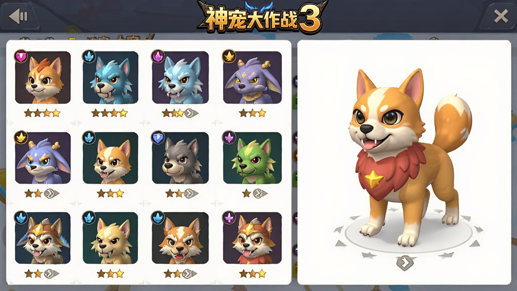 主体是神宠大作战3的宠物图鉴界面,展示多只不同属性宠物的头像排列成网格;布局为左右分栏,左侧是宠物列表,右侧是选中宠物的3D展示;排版将“神宠大作战3”标志放在界面顶部;风格为游戏UI界面风格、扁平化设计;细节包含属性图标、星级标记、进化箭头;画质清晰、干净、无多余元素