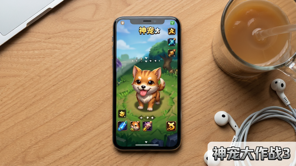 主体是一部智能手机,屏幕上显示神宠大作战3的游戏主界面,旁边放着一杯饮料;布局为俯视桌面视角,手机居中;排版在画面右下角放置“神宠大作战3”标签;风格为生活化产品摄影;细节包含手机边框、屏幕反光、桌面木纹、耳机线;画质清晰、干净、无多余元素