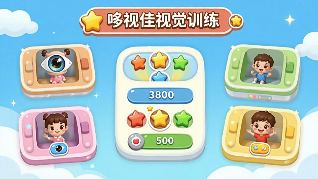 画面主体是一个卡通风格的视力训练场景,布局为多个训练模块悬浮在空中,排版呈现游戏关卡选择界面,风格是活泼可爱的儿童插画风,细节包括“哆视佳视觉训练”文字标识、彩色星星奖励图标,画质清晰,干净,无多余元素