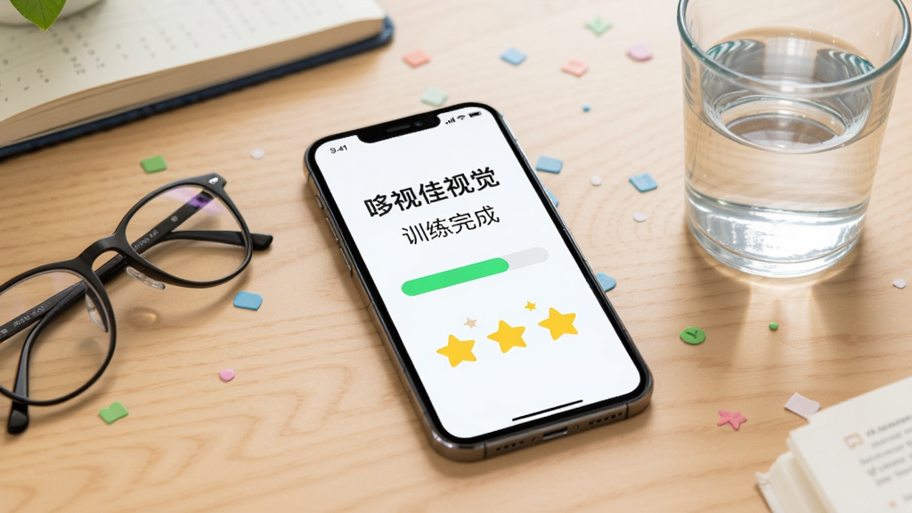 主体是一部智能手机放置在学习桌上,布局为手机屏幕显示哆视佳视觉训练的训练完成页面,排版突出进度条和奖励星星,风格是清新简约的扁平化设计,细节包括手机旁有一副眼镜和一杯水,画质高清,干净,无多余元素