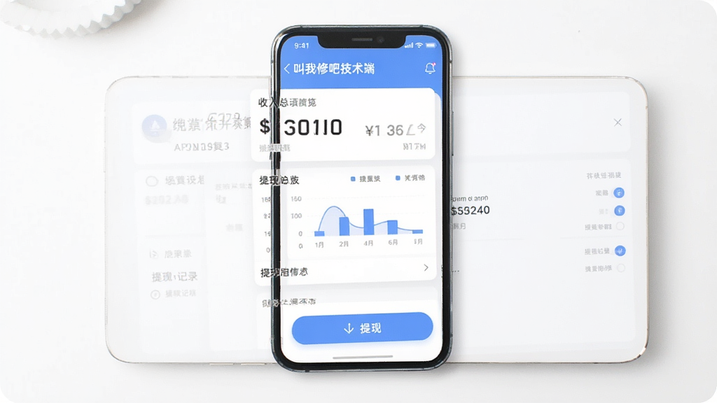 一张展示叫我修吧技术端APP收入结算页面的图片,画面中手机屏幕显示收入总览和提现按钮,主体为手机和财务界面,布局为居中,排版清晰,风格为清新浅色,细节包括数字金额、图表、提现记录,画质高清,干净,无多余元素。