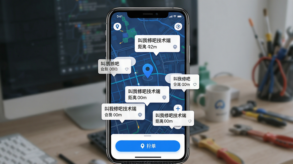 一张展示叫我修吧技术端APP智能派单界面的图片,画面中央是手机屏幕,屏幕上显示地图定位和多个订单气泡,气泡内标注“叫我修吧技术端”和距离信息,主体为手机和地图界面,布局为居中展示,排版简洁,风格为现代科技感,细节包括定位图标、订单卡片、抢单按钮,画质高清,干净,无多余元素。
