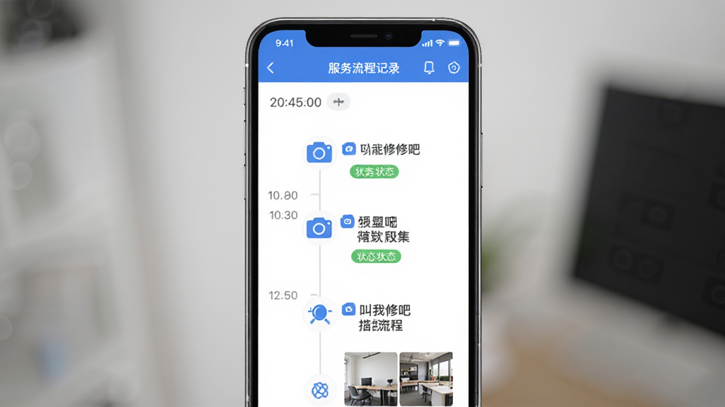 一张展示叫我修吧技术端APP服务流程记录页面的图片,画面中手机屏幕显示时间轴和多个服务节点,节点旁有相机图标和文字说明,主体为手机和流程界面,布局为竖向排列,排版工整,风格为商务简约,细节包括时间戳、状态标签、照片缩略图,画质高清,干净,无多余元素。
