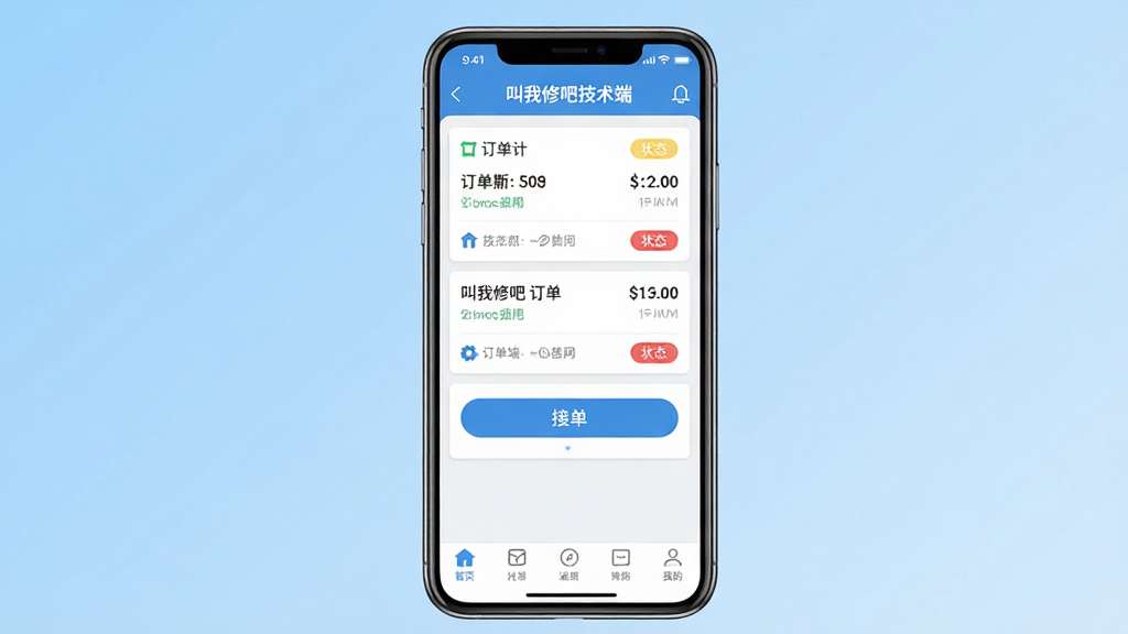一张手机屏幕展示叫我修吧技术端APP主界面,界面顶部显示“叫我修吧技术端”字样,中间是订单列表和接单按钮,底部有导航栏,背景为浅蓝色渐变,主体为手机和APP界面,布局居中,排版清晰,风格为扁平化科技风,细节包括订单卡片、状态标签、图标按钮,画质高清,干净,无多余元素。