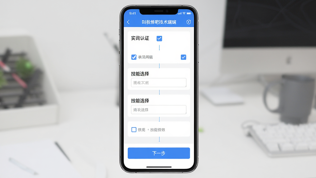一张展示叫我修吧技术端APP新手设置向导页面的图片,画面中手机屏幕显示实名认证和技能选择步骤,主体为手机和设置界面,布局为竖向步骤条,排版清晰,风格为简洁商务,细节包括勾选框、输入框、下一步按钮,画质高清,干净,无多余元素。
