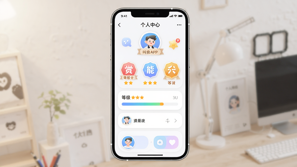 一张展示叫我修吧技术端APP个人技能标签页面的图片,画面中手机屏幕显示技能徽章和等级进度条,主体为手机和个人中心界面,布局为居中,排版活泼,风格为柔和圆角,细节包括技能图标、评分星级、等级标识,画质高清,干净,无多余元素。