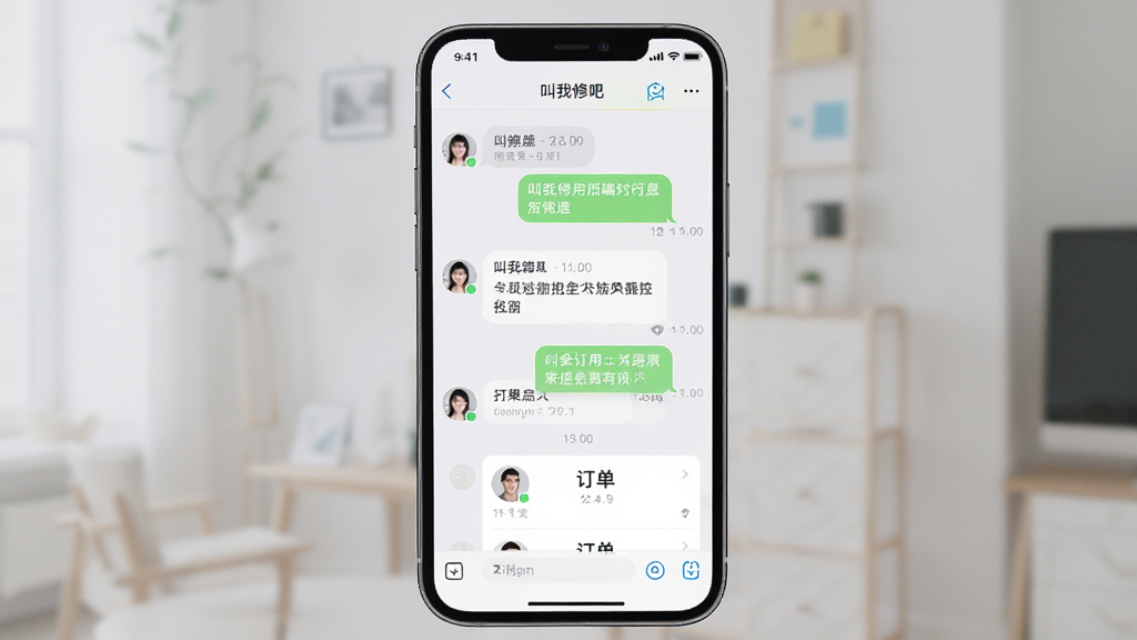 一张展示叫我修吧技术端APP消息聊天界面的图片,画面中手机屏幕显示对话气泡和订单卡片,主体为手机和聊天界面,布局为居中,排版简洁,风格为清爽素雅,细节包括头像、消息气泡、时间戳,画质高清,干净,无多余元素。