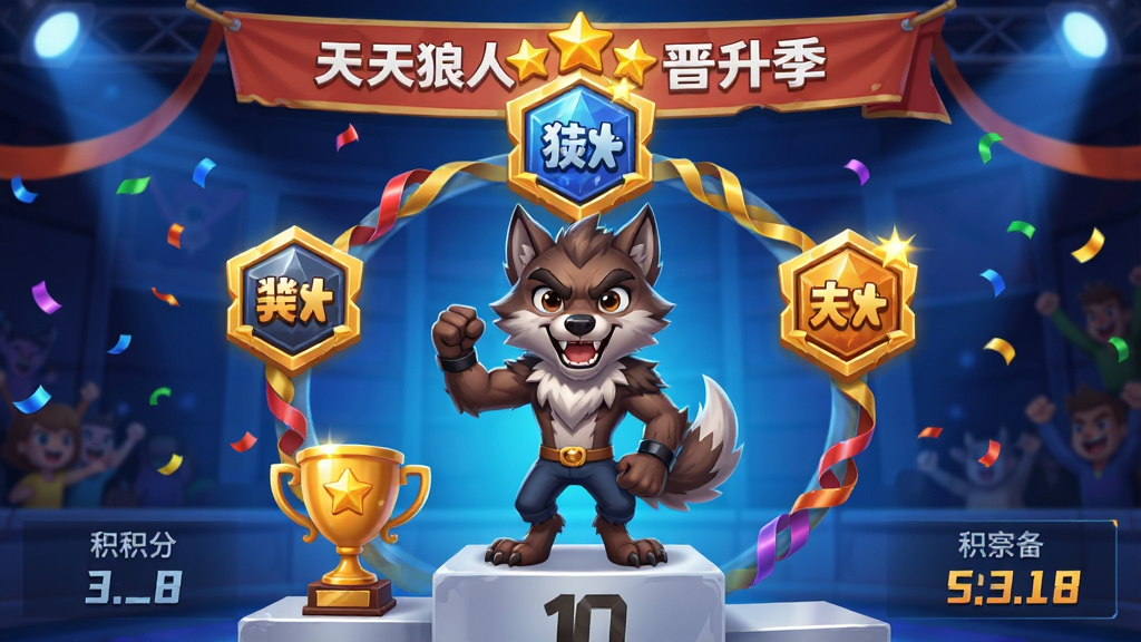 画面展示天天狼人段位晋升界面,一个卡通狼人站在领奖台上,头顶有段位徽章与星星,背景有赛季横幅,布局为人物居中、徽章环绕,排版纵向递进,风格为竞技荣耀风,细节包括奖杯、彩带、积分数字,画质高清,干净,无多余元素