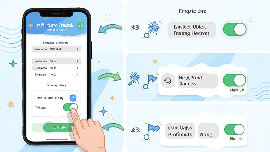 World Freetalk 新手使用教程示意图,主体为手机屏幕显示设置语言与权限开启步骤,布局为分步图解,排版从上到下,风格为明亮活泼的插画风,细节包括手指点击图标、权限开关、语言选择界面,画质高清,干净,无多余元素