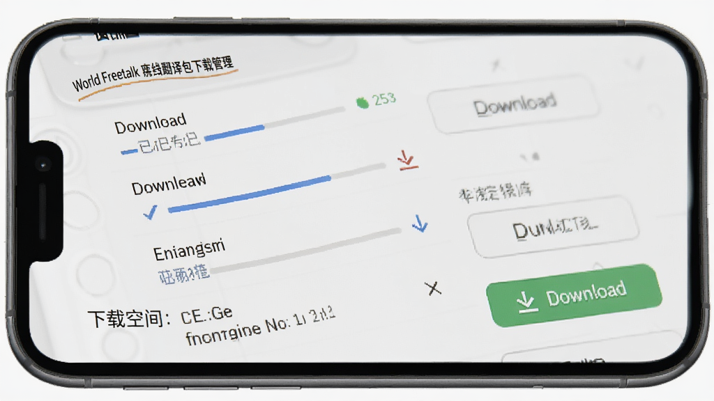 World Freetalk 离线翻译包下载管理界面,主体为手机屏幕显示语言列表与下载按钮,布局为列表式,排版清晰,风格为浅灰质感商务风,细节包括下载进度条、已下载标识、存储空间提示,画质高清,干净,无多余元素
