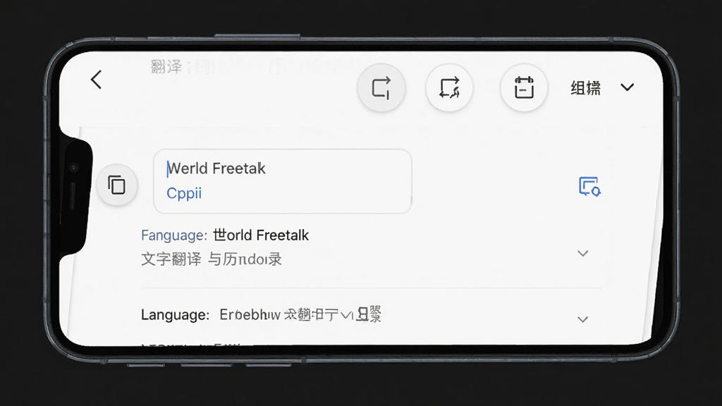 World Freetalk 文字翻译与历史记录界面,主体为手机屏幕显示翻译输入框与翻译结果列表,布局上下结构,排版整齐,风格为素雅极简风,细节包括复制按钮、历史记录图标、语言选择下拉框,画质高清,干净,无多余元素