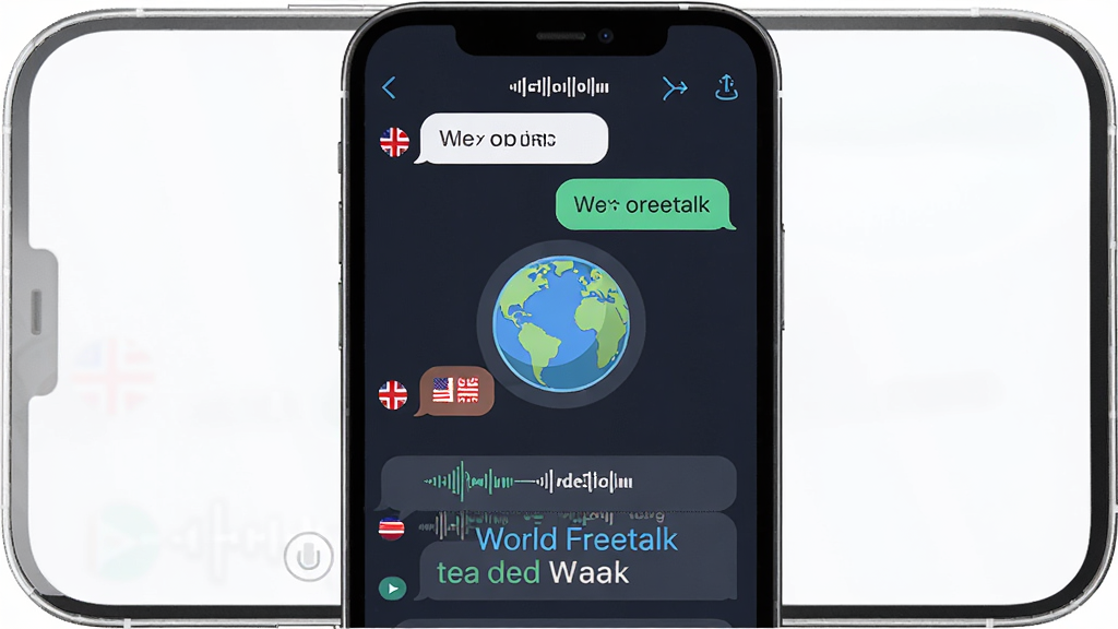 World Freetalk 实时语音翻译应用界面展示,主体为一部智能手机屏幕,屏幕上显示多语言对话气泡与地球图标,布局居中,排版简洁清晰,风格为现代科技感扁平化设计,细节包括语音波形、国旗小图标、翻译文字对照,画质高清,干净,无多余元素