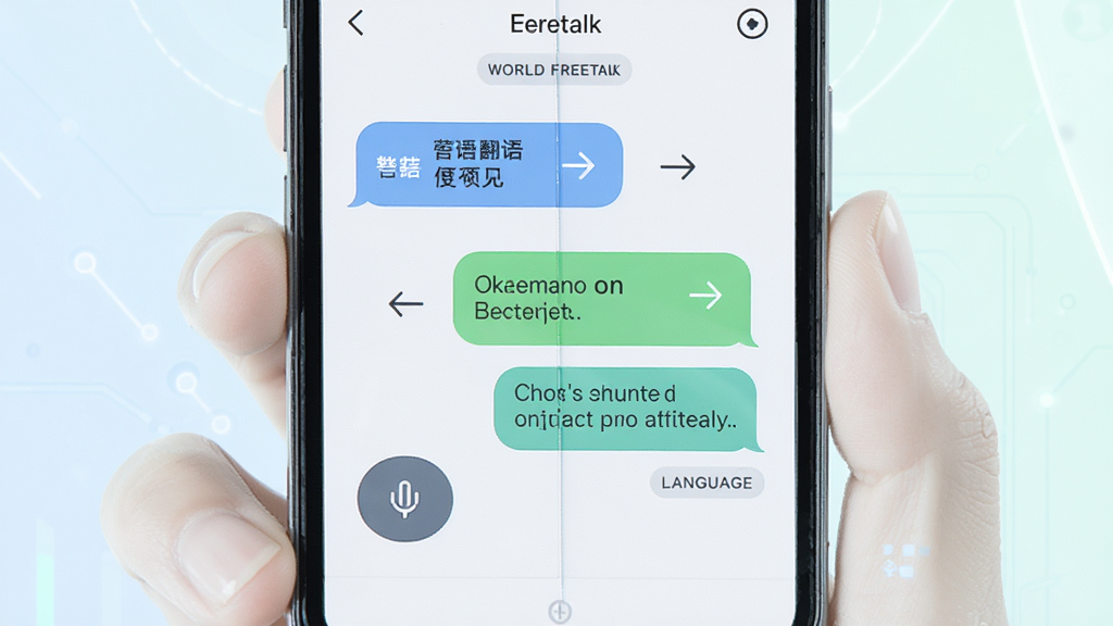 World Freetalk 多语种实时翻译功能展示,主体为手机屏幕显示中文与英文对话气泡相互转换,布局左右分栏,排版工整,风格为清新浅色科技风,细节包括语音输入按钮、翻译箭头、语言标签,画质高清,干净,无多余元素