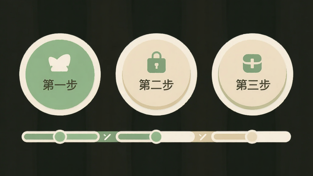 手机应用界面展示三个并排的圆形步骤按钮,分别标注