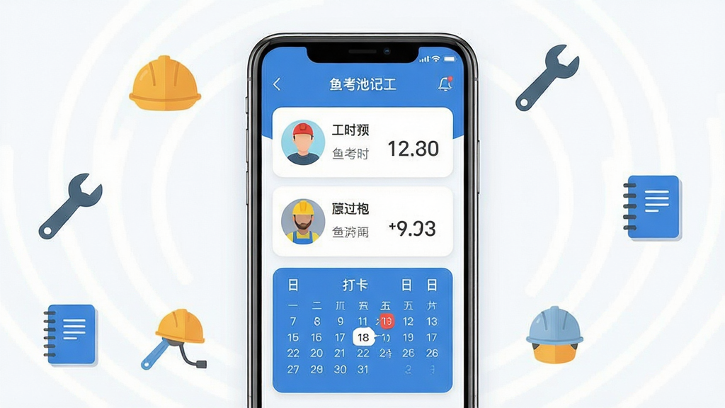 鱼泡工地记工手机应用界面展示,主体为一部智能手机屏幕,屏幕内呈现工地考勤记账界面,包含工人头像列表、工时数字、日历打卡标记,布局为居中手机正面展示,四周环绕小型工地元素如安全帽、扳手、记事本图标,排版简洁清晰,风格为扁平化科技风,细节包含蓝色主色调、圆角卡片、清晰数字字体,画质高清,干净,无多余元素