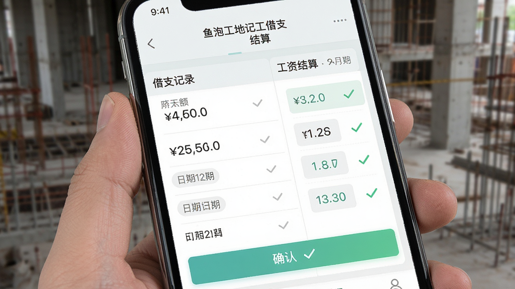 鱼泡工地记工借支结算界面图,主体为手机应用截图,屏幕内显示借支记录列表与工资结算单,布局为上下分栏,排版规整,风格为浅色商务风,细节包含金额数字、日期标签、确认按钮、对勾图标,画质清晰,干净,无多余元素