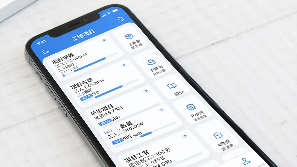 鱼泡工地记工多项目记账功能展示图,主体为手机应用界面,屏幕内显示多个工地项目卡片,每个卡片标注项目名称、工人数量、累计工时,布局为纵向排列卡片列表,排版整齐,风格为现代简约商务风,细节包含蓝色与白色配色、项目进度条、小图标装饰,画质清晰,干净,无多余元素