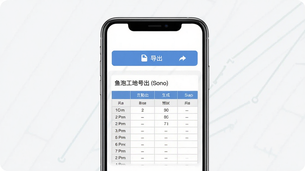 鱼泡工地记工数据导出功能展示图,主体为手机界面,屏幕内显示导出按钮与生成的考勤表格预览,布局为上方按钮下方表格预览,排版清晰,风格为简约实用风,细节包含文件图标、分享箭头、表格线条,画质清晰,干净,无多余元素