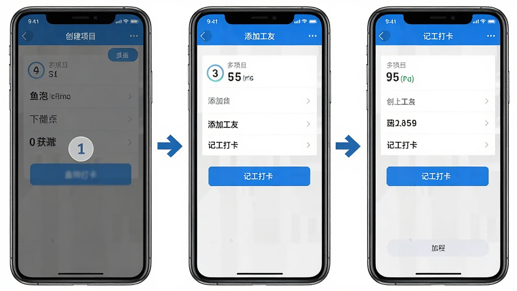 鱼泡工地记工新手操作流程图,主体为手机屏幕截图组合,屏幕内展示创建项目、添加工友、记工打卡三个步骤界面,布局为从左到右三屏并排,排版清晰,风格为教程示意风,细节包含步骤数字标签、箭头引导、蓝色高亮按钮,画质高清,干净,无多余元素