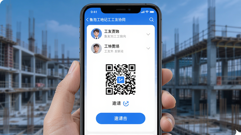 鱼泡工地记工工友协同界面图,主体为手机屏幕,屏幕内显示工友列表与邀请二维码,布局为居中展示,排版简洁,风格为科技蓝调,细节包含头像圆圈、二维码图案、邀请按钮、同步图标,画质高清,干净,无多余元素