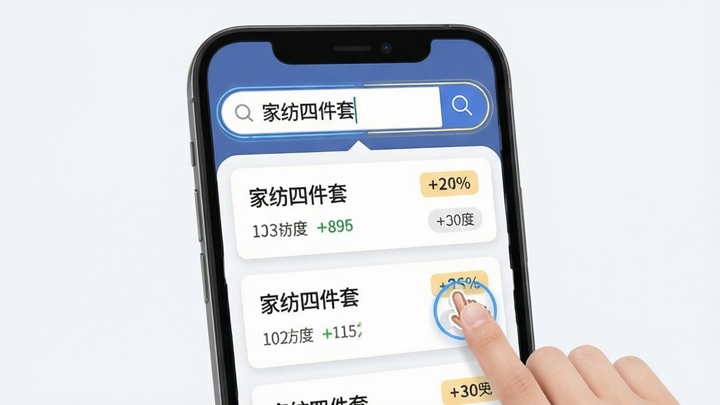 智能搜索与精准匹配功能示意图,主体为手机屏幕特写,屏幕中显示搜索框输入“家纺四件套”后弹出的工厂结果列表,列表项带有匹配度百分比标签,布局为上下结构,上方搜索框下方结果卡片,风格为扁平化移动端UI设计,细节包含手指点击搜索按钮的动态效果和高亮描边,画质细腻,画面干净,无多余装饰。