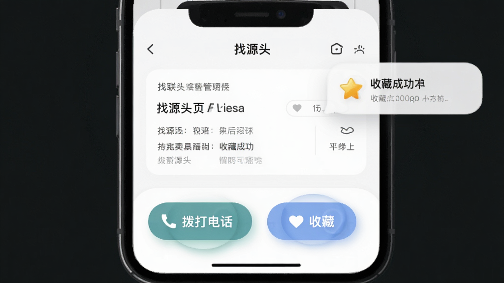 一键联系与收藏管理界面图,主体为手机屏幕展示“找源头”软件的厂家详情页,页面底部有醒目的“拨打电话”和“收藏”按钮,旁边有收藏成功的提示气泡,布局为上下结构,风格为柔和圆角卡片式UI,细节包含按钮的按压反馈效果和收藏星星图标,画质高清,画面简洁,无多余元素。