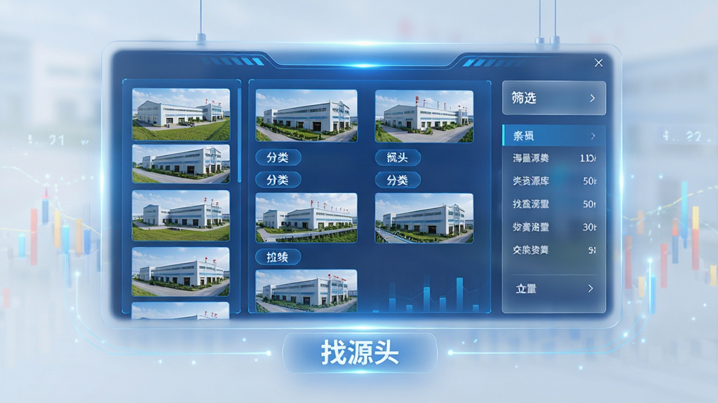 海量源头厂家资源库场景图,主体为一块悬浮的虚拟数据面板,面板上排列着多个工厂实景缩略图和分类标签,面板下方有“找源头”文字标识,布局采用左右分栏结构,左侧为工厂图片流,右侧为筛选条件,风格为科技蓝数据可视化,细节包含光效线条和半透明磨砂质感,画质清晰,画面整洁,无杂乱元素。