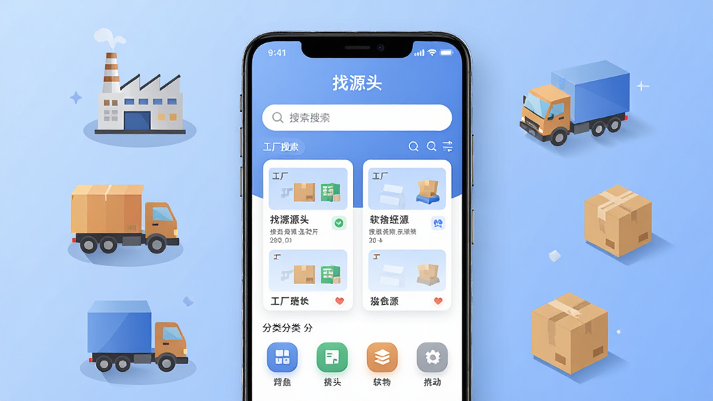 软件核心全貌展示图,主体为一部竖屏安卓手机,屏幕内显示“找源头”软件的主界面,界面包含搜索框、工厂列表卡片和分类图标,布局居中对称,周围环绕工厂、货车、包裹等扁平化小元素,风格为现代科技感UI插画,细节包含柔和的蓝色渐变背景和清晰的图标阴影,画质高清,画面干净,无多余元素。
