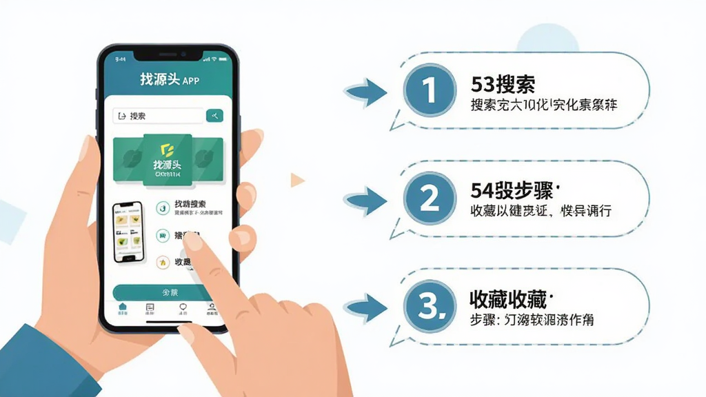 找源头软件操作教程示意图,主体为双手持手机操作“找源头”APP的横版画面,手机屏幕显示搜索和收藏步骤,布局为左右结构,左侧为手持手机特写,右侧为步骤文字气泡,风格为简洁扁平插画,细节包含清晰的步骤序号和箭头指引,画质高清,画面干净,无杂乱背景。