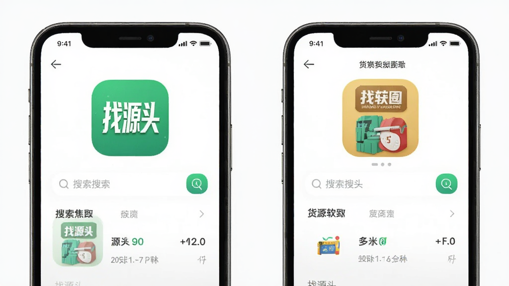 找源头软件与同类应用对比图,主体为手机屏幕并列展示“找源头”和另一款货源软件的主界面,布局为左右对比结构,风格为清爽浅色UI展示,细节包含两款软件图标和搜索框的清晰呈现,画质高清,画面干净,无多余元素。