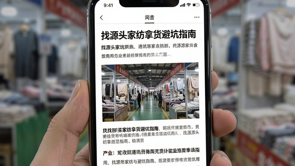 产业带资讯与避坑指南内容页图,主体为手机屏幕显示一篇标题为“找源头家纺拿货避坑指南”的文章,文章配有一张产业带市场实拍小图,布局为图文混排,风格为杂志式阅读界面,细节包含清晰的段落分隔和重点文字加粗,画质清晰,画面干净,无广告元素。