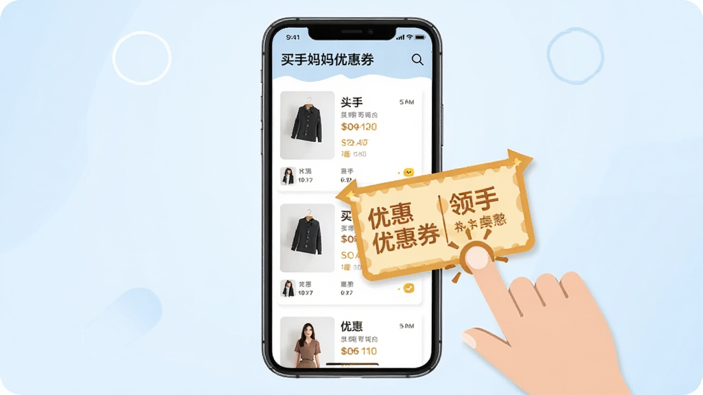 一张展示买手妈妈优惠券功能的示意图,画面中心是一部手机,屏幕上显示着商品列表和醒目的优惠券标签,旁边有手指点击领取的图标,背景是淡蓝色渐变,风格简洁明快,画质清晰,无多余元素。