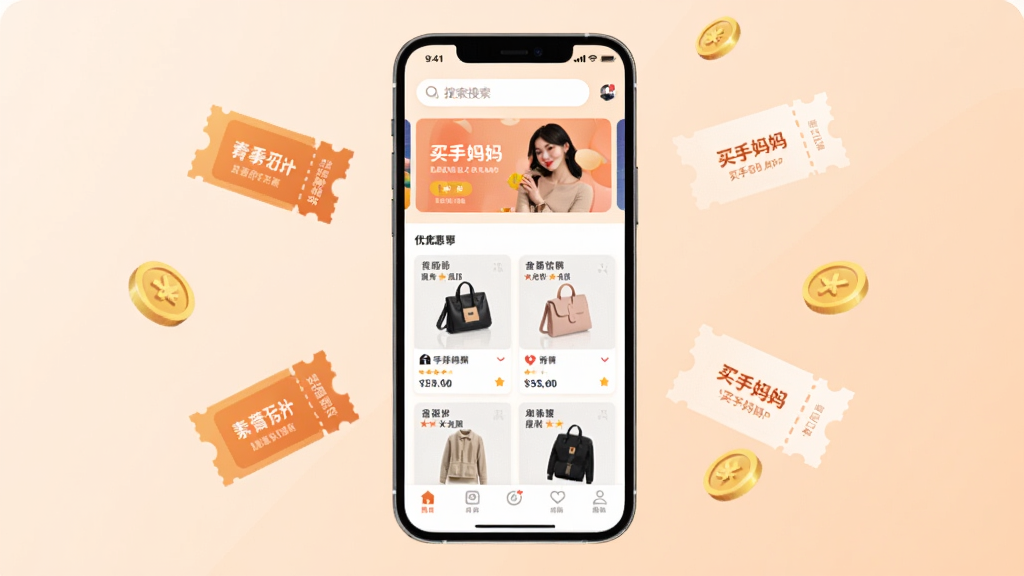 一张手机应用界面展示图,画面中央是一部竖屏智能手机,手机屏幕上显示着买手妈妈APP的主页,页面顶部有搜索框和轮播 banner,中部排列着各类优惠商品卡片,底部是导航栏。手机周围漂浮着几张优惠券图标和金币元素,背景是柔和的浅橙色调,整体风格干净现代,画质清晰,无多余杂乱元素。