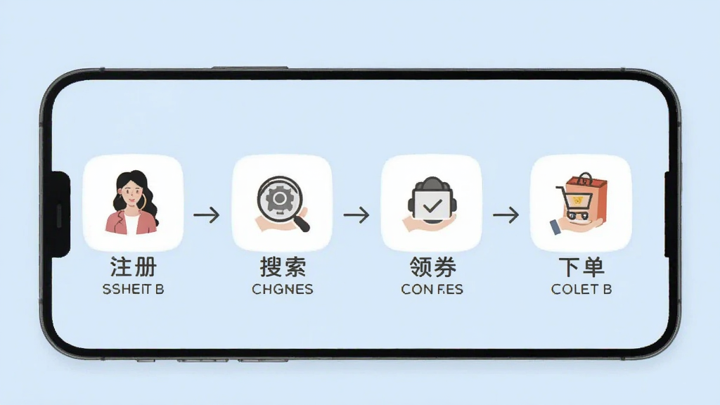 一张展示买手妈妈新手使用步骤的引导图,画面以手机屏幕为主体,分步骤显示注册、搜索、领券、下单四个环节的简化图标,背景为浅蓝色,风格清新简洁,画质清晰,无多余元素。