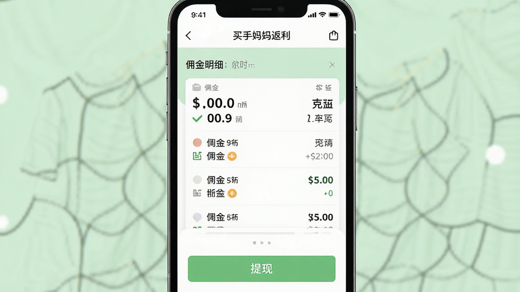一张买手妈妈返利结算界面的手机截图风格图片,屏幕上显示着佣金明细列表和提现按钮,数字醒目,背景为白色与浅绿色搭配,风格清爽,画质干净,无多余装饰。