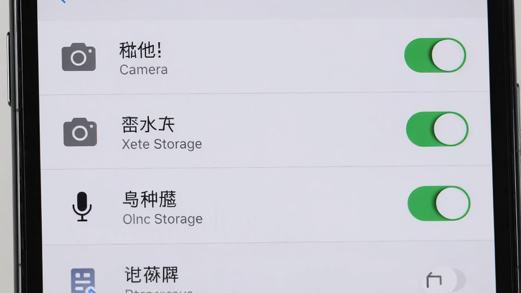 一张展示无他相机安装权限设置的手机截图,画面中一部手机屏幕显示应用权限管理界面,包含相机、存储、麦克风等权限开关,背景为浅灰色设置界面,主体清晰突出,布局纵向列表排列,风格简洁实用,细节包括权限图标和开关状态,画质高清干净,无多余元素