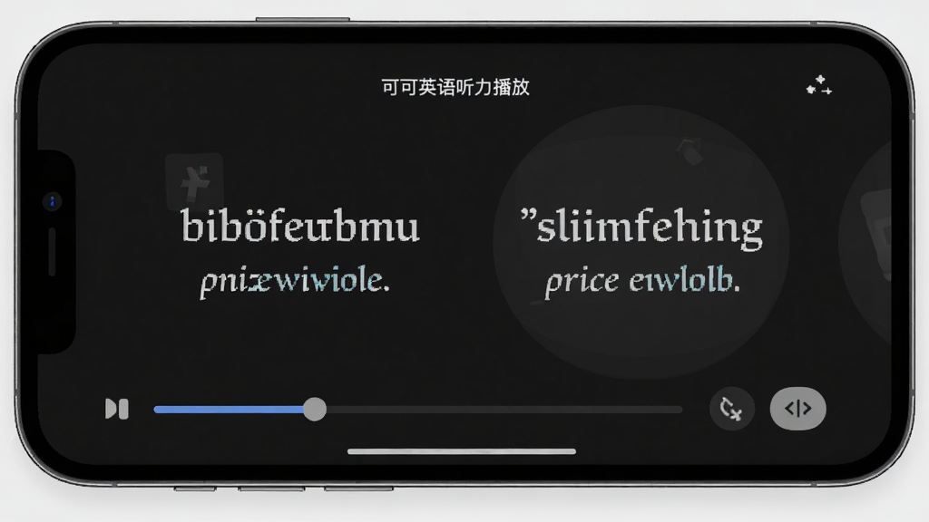 可可英语听力播放界面,手机横屏显示双语字幕对照,下方有进度条和变速按钮,背景为深色护眼模式,界面简洁清晰,文字排版整齐,现代学习应用风格,高清画质,无多余元素