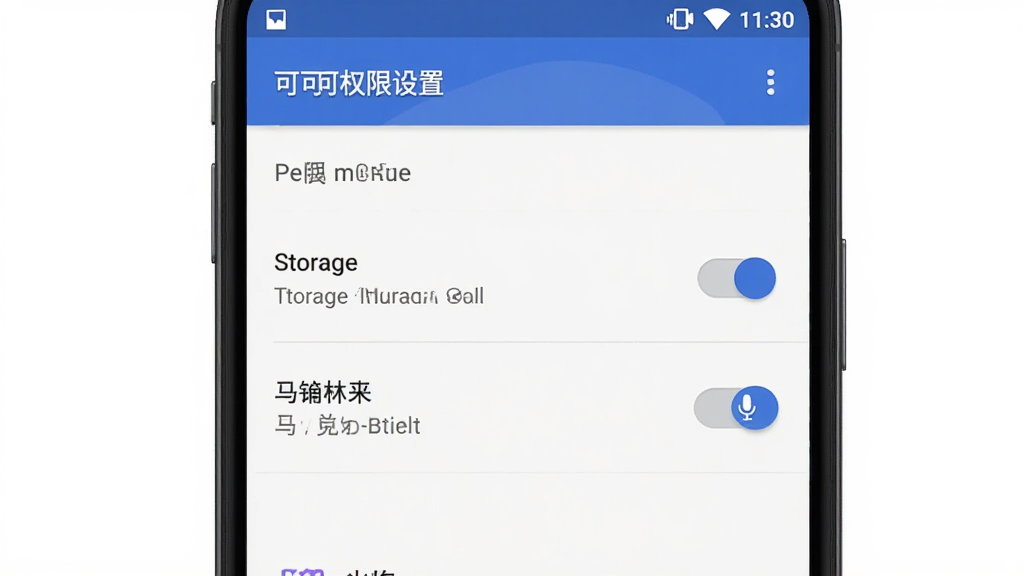 可可英语安卓版安装权限设置界面,手机屏幕显示应用权限管理页面,包含存储和麦克风权限开关,背景为系统设置风格,界面清晰直观,现代手机系统界面,高清画质,无多余元素